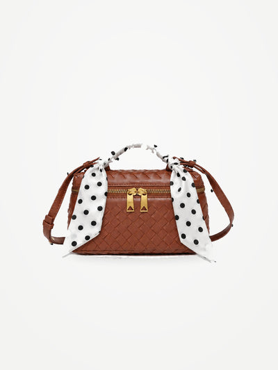 YAZNE Woven Crossbody Bag – Brown + Twilly White Polka Dot