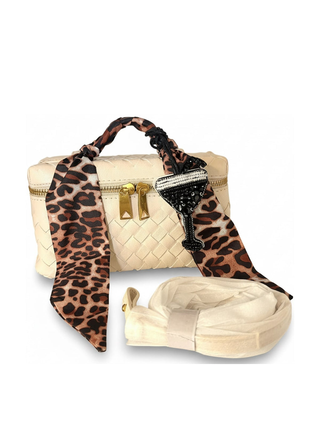 YAZNE Ivory Woven Set | Leopard Scarf & Martini Charm