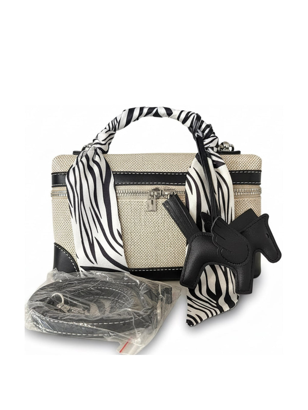 YAZNE Natural Woven Set | Zebra Scarf & Black Pegasus Charm