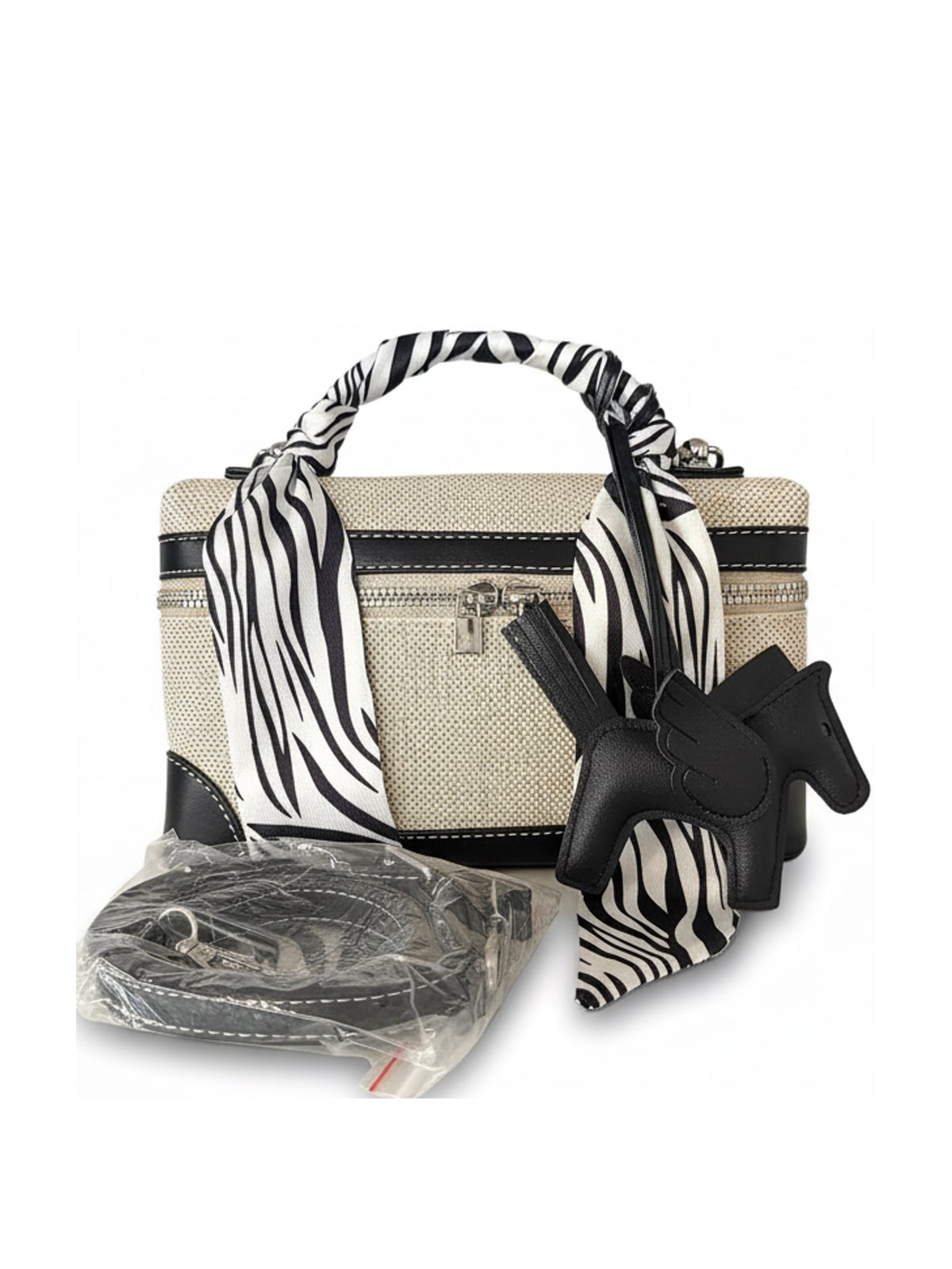 YAZNE Natural Woven Set | Zebra Scarf & Black Pegasus Charm