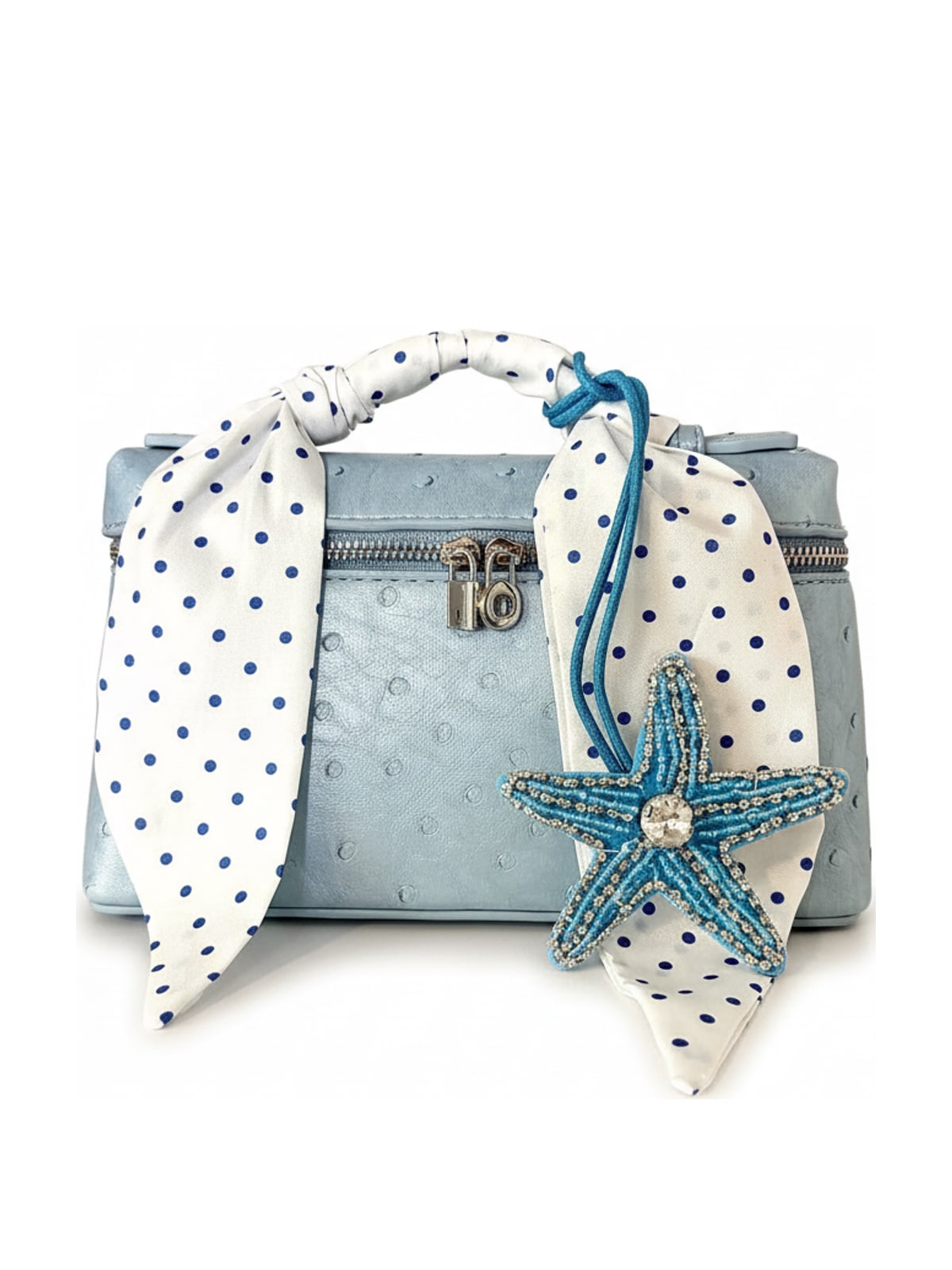 YAZNE Sky Blue Ostrich Set | Polka Dot Scarf & Starfish Charm